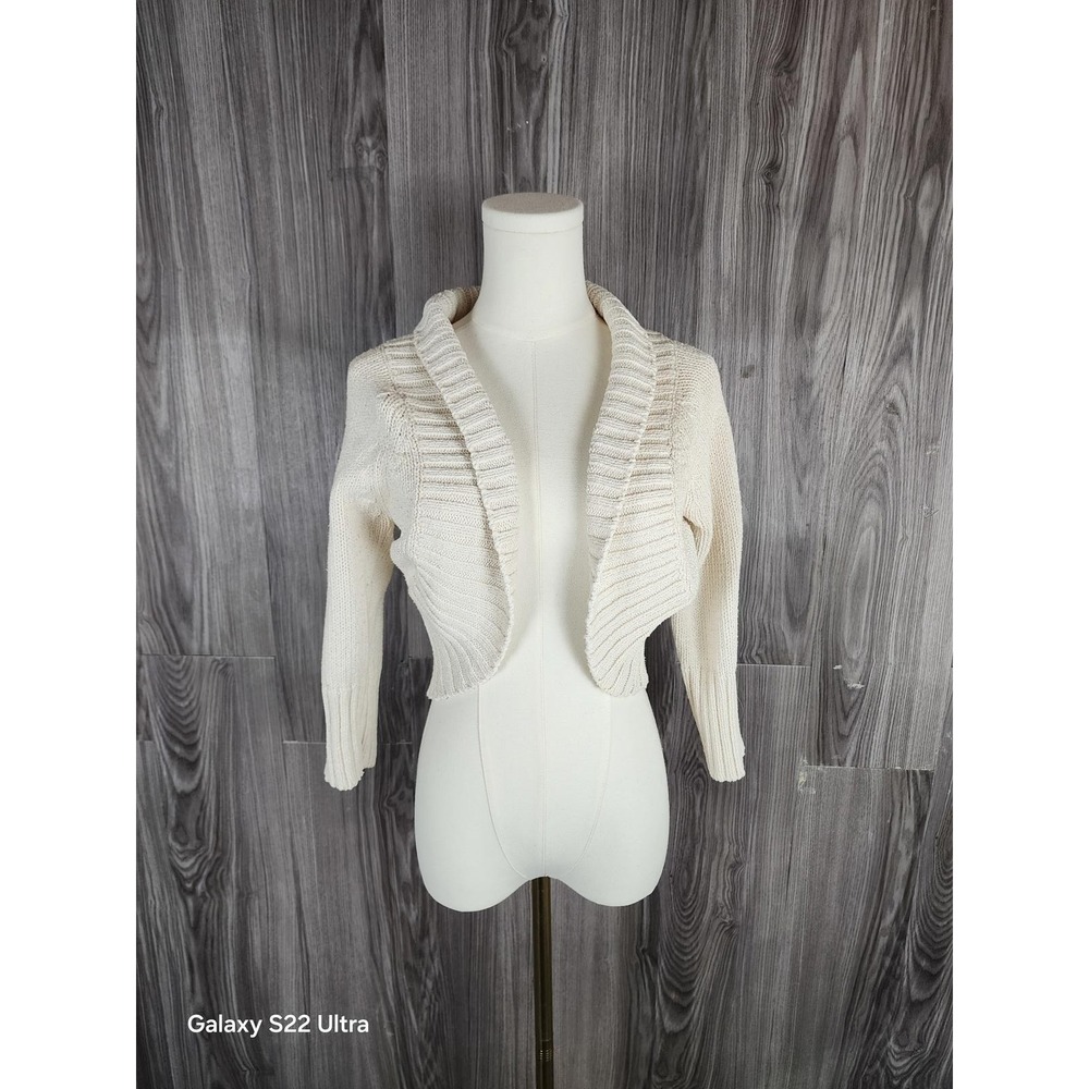 Whitewash Cream Cotton Knit Shrug Bolero Open‎ Front Ribbed Cardigan Sweater S
